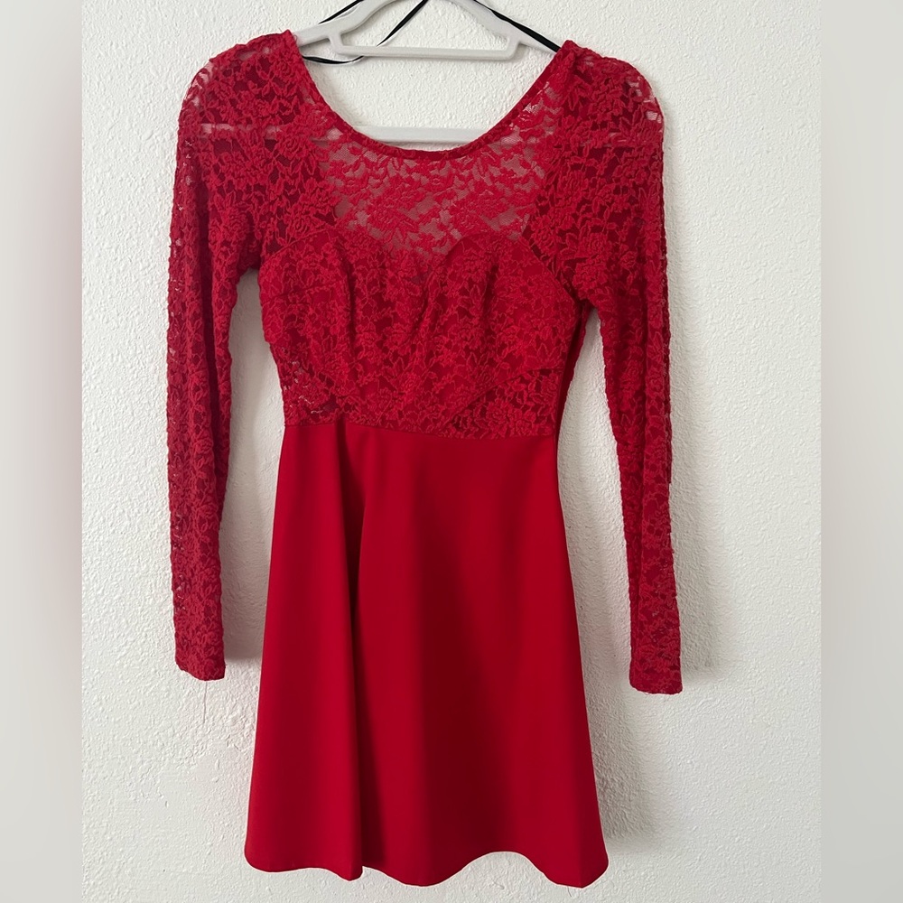 Red Heart Detail Front, Open Back Skater Dress with Bow